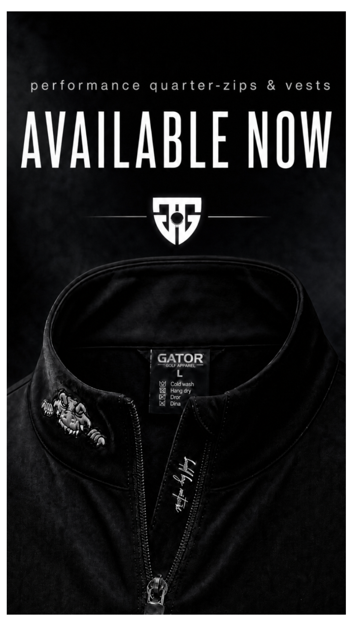 Black quarter-zip or vest with brand label on a dark background, text 'performance quarter-zips & vests AVAILABLE NOW' above.