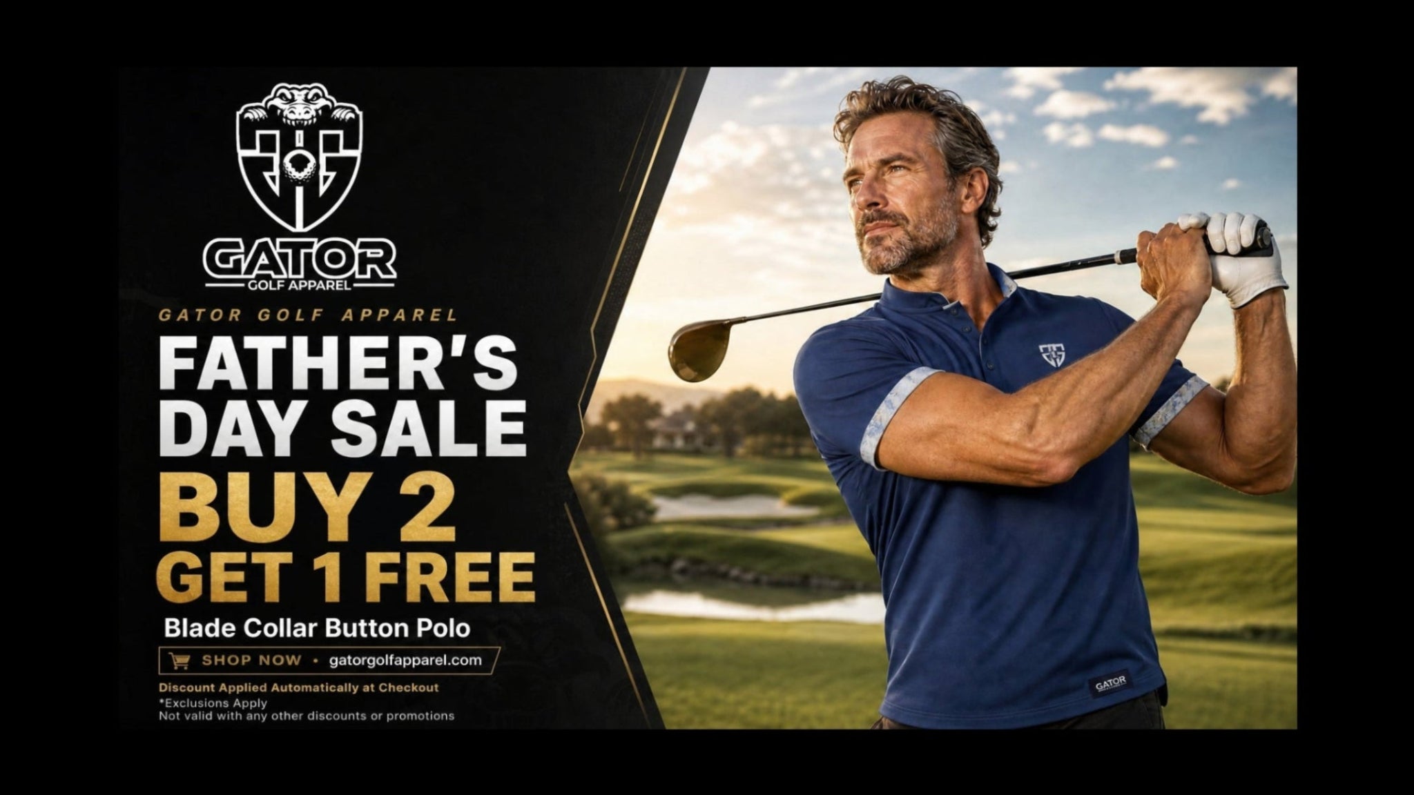 Gator Golf Apparel Father's Day Sale advertisement with a man golfing on a course.