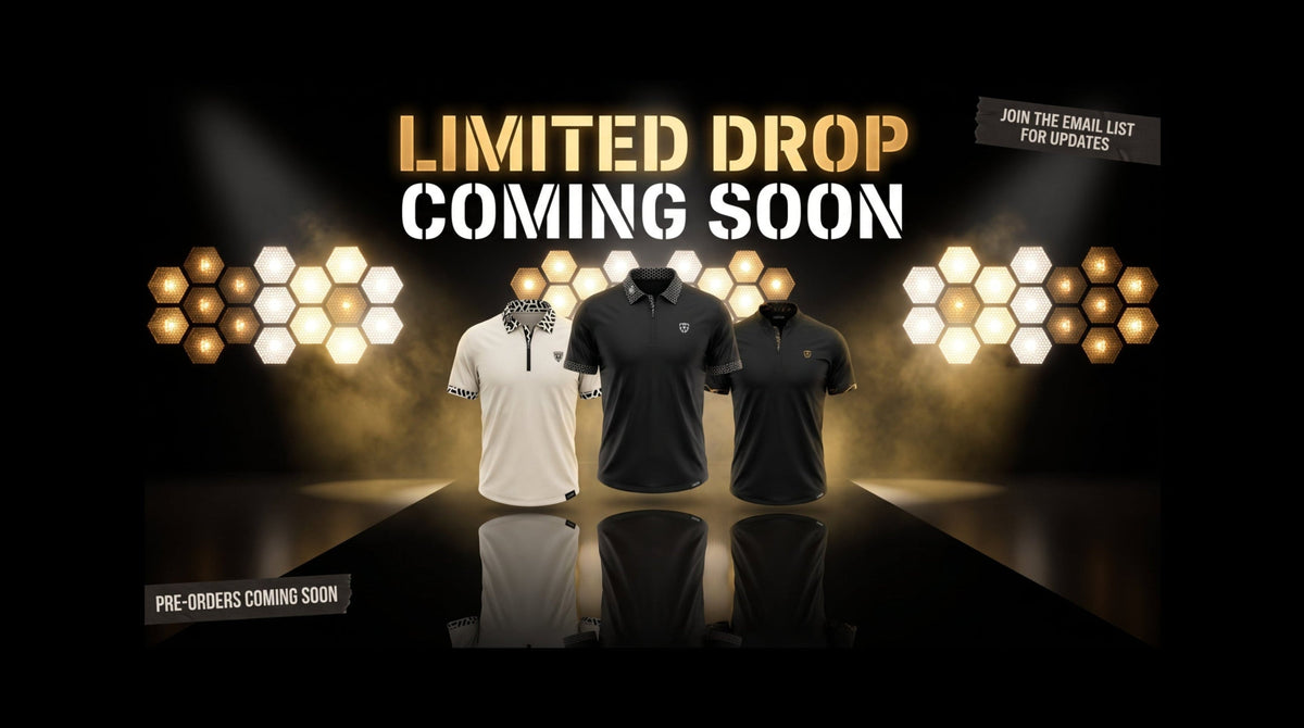 Promotional graphic for a limited drop with three polo shirts displayed on mannequins: one white shirt with black patterned collar and sleeve trim, one dark gray polo, and one black polo. Large text reads 'LIMITED DROP COMING SOON' with hexagon light effects on a dark background.